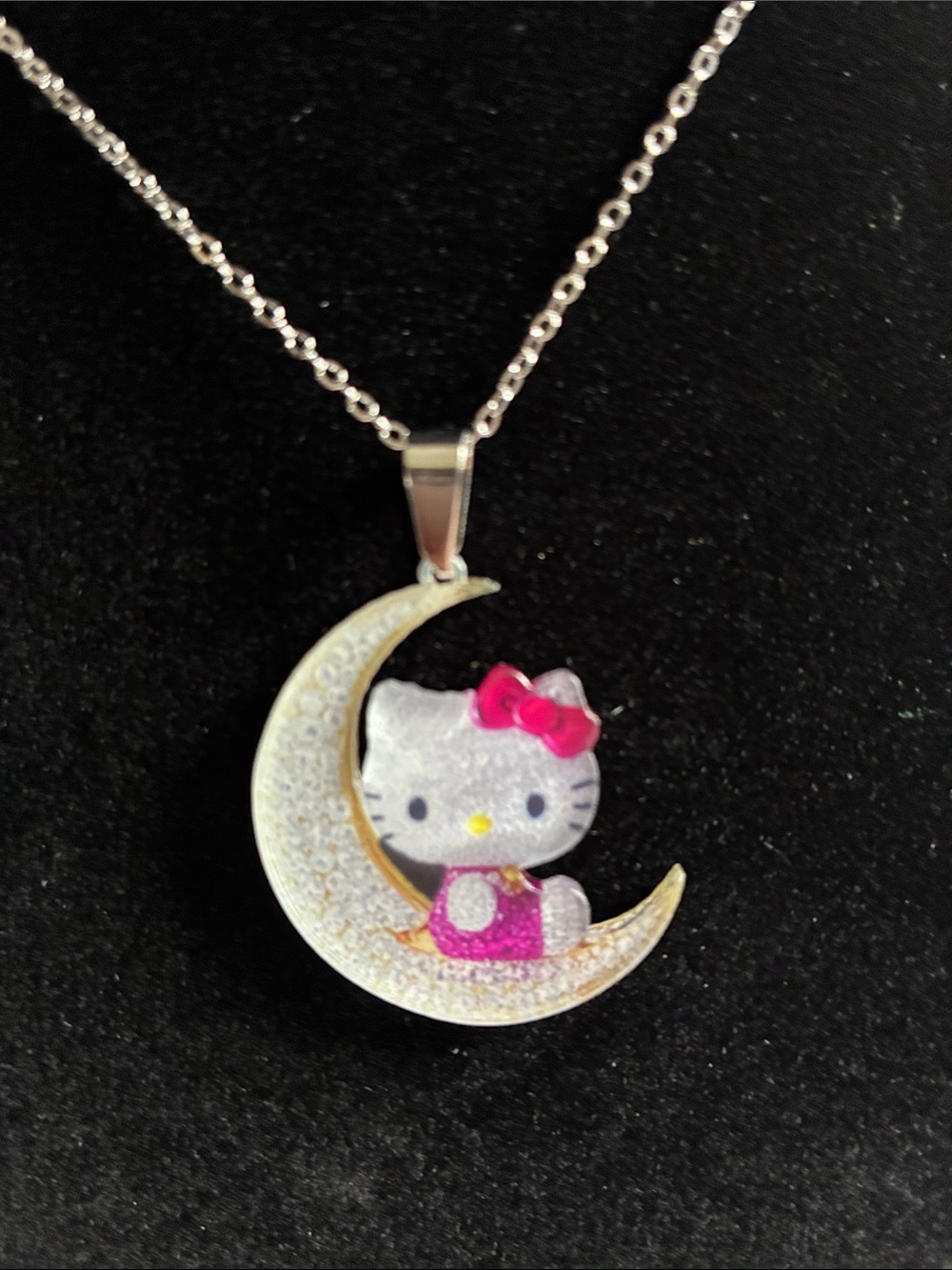 Hello Kitty Pink and Silver Crescent Moon Pendant Necklace